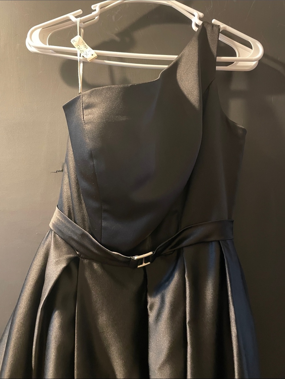 Source Unknown One-Shoulder Black Satin Cocktail Dress with Belt